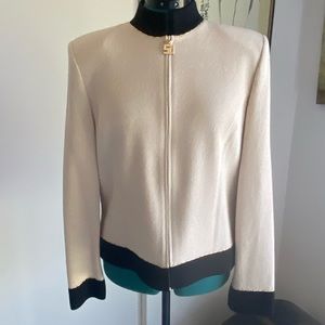 St John zip up cardigan cream w/black trim.  Size 10